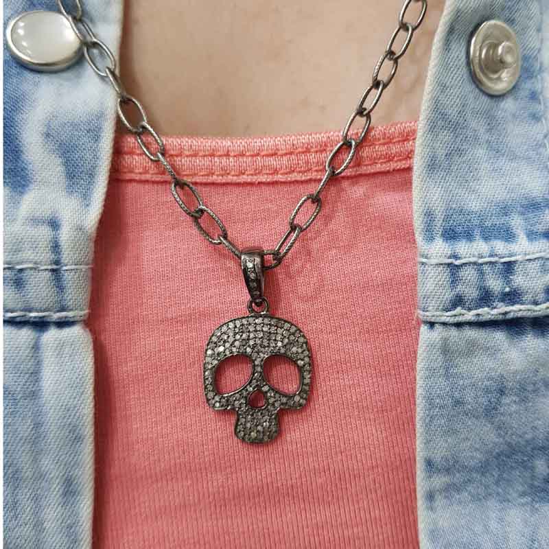 Silver Pave Diamond Skull Pendant, Halloween Gift, Silver Jewelry