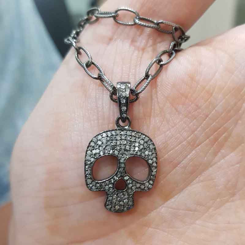 Silver Pave Diamond Skull Pendant, Halloween Gift, Silver Jewelry