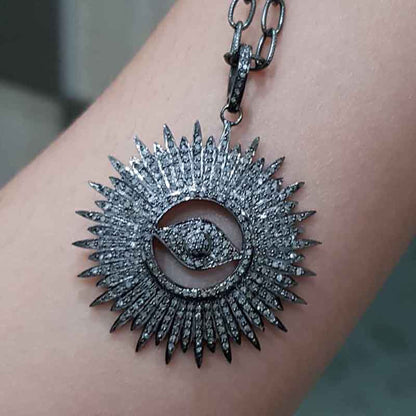 Stylish Fully Pave Diamond Evil Eye Sunburst Pendant, 925 Sterling Silver Pendant, Silver Jewelry