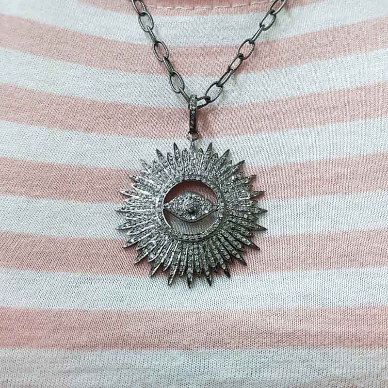 Stylish Fully Pave Diamond Evil Eye Sunburst Pendant, 925 Sterling Silver Pendant, Silver Jewelry