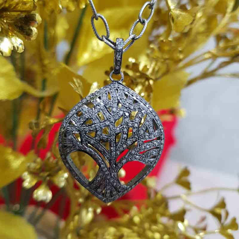 Handmade Designer Tree Pendent With Pave Diamond Layers, Stunning Tree Pendant, Silver Jewelry