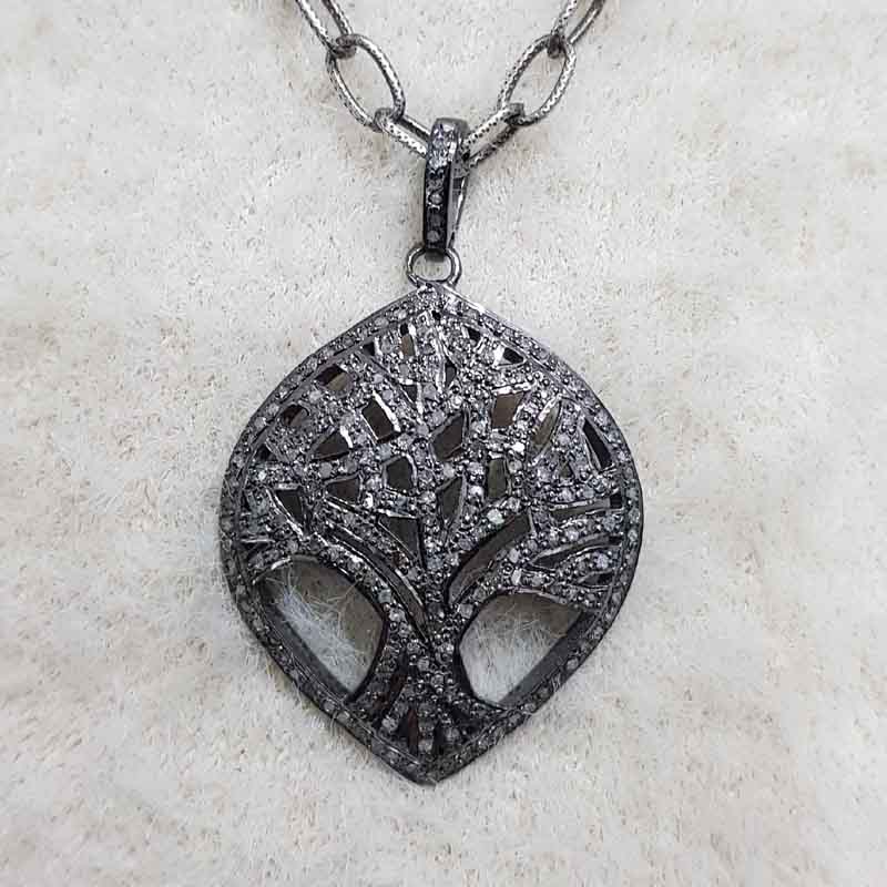 Handmade Designer Tree Pendent With Pave Diamond Layers, Stunning Tree Pendant, Silver Jewelry