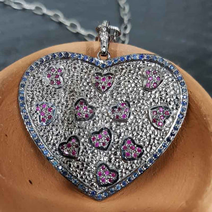 Handmade Designer Pave Diamond Ruby And Sapphire Stone Heart Pendant, Beautiful Love Heart Pendant, Gift For Lover