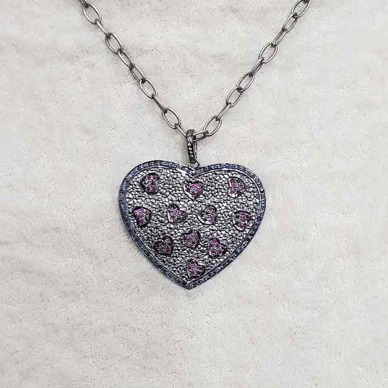 Handmade Designer Pave Diamond Ruby And Sapphire Stone Heart Pendant, Beautiful Love Heart Pendant, Gift For Lover