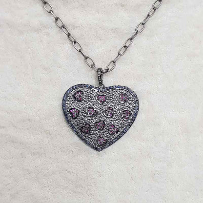 Handmade Designer Pave Diamond Ruby And Sapphire Stone Heart Pendant, Beautiful Love Heart Pendant, Gift For Lover