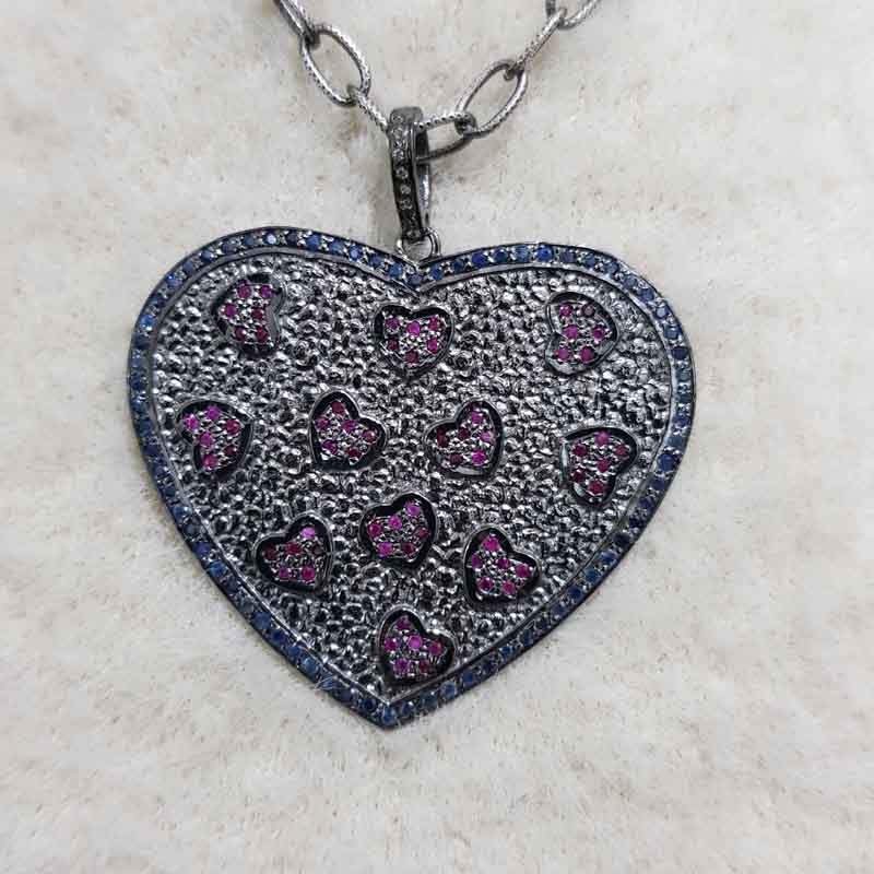 Handmade Designer Pave Diamond Ruby And Sapphire Stone Heart Pendant, Beautiful Love Heart Pendant, Gift For Lover