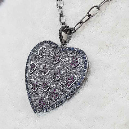 Handmade Designer Pave Diamond Ruby And Sapphire Stone Heart Pendant, Beautiful Love Heart Pendant, Gift For Lover