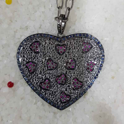 Handmade Designer Pave Diamond Ruby And Sapphire Stone Heart Pendant, Beautiful Love Heart Pendant, Gift For Lover