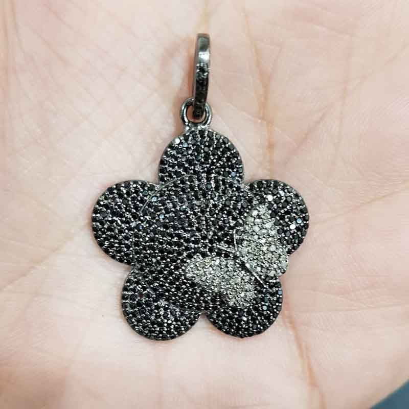 Pave Diamond Flower Design pendant, Flower With Small Butterfly pendant, Statement Pendant, Gift For Lover