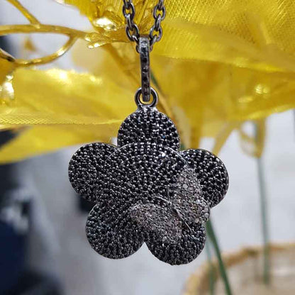 Pave Diamond Flower Design pendant, Flower With Small Butterfly pendant, Statement Pendant, Gift For Lover