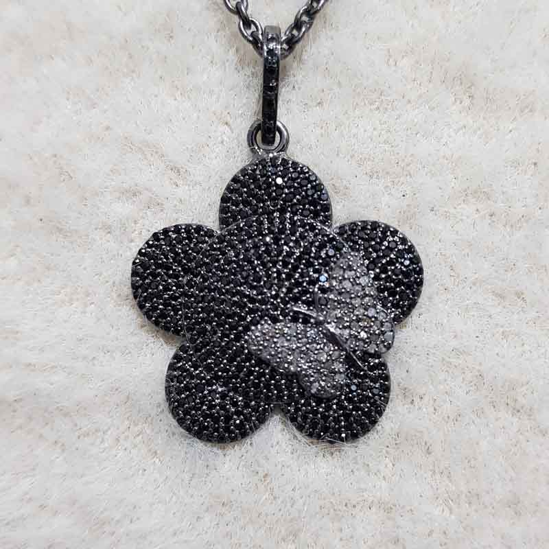 Pave Diamond Flower Design pendant, Flower With Small Butterfly pendant, Statement Pendant, Gift For Lover