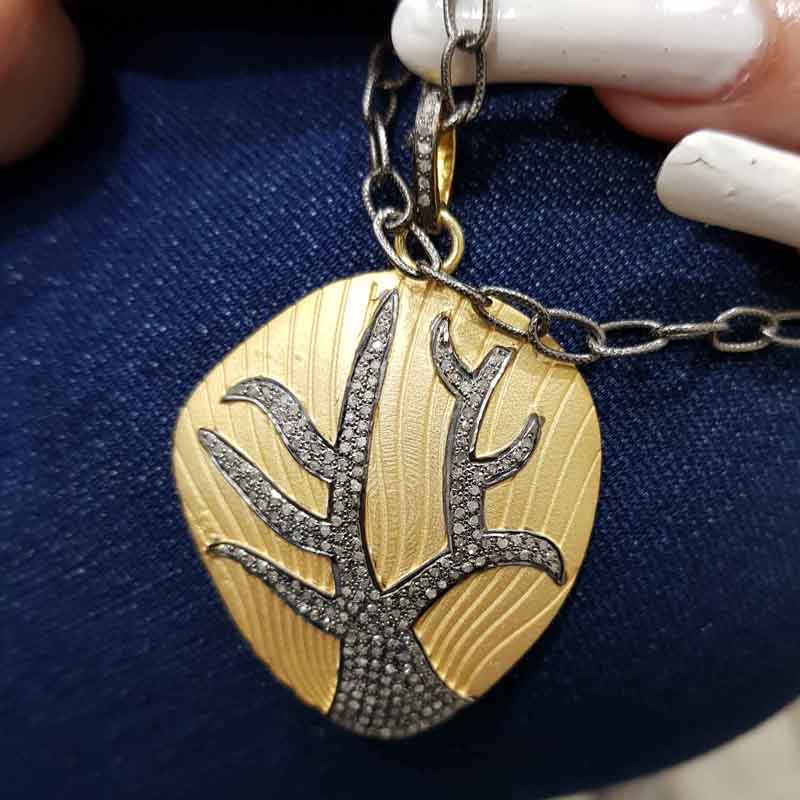 Gorgeous Looking Yellow And Black 925 Sterling Silver Tree Pendant, Stunning Tree Necklace