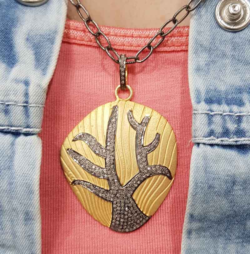 Gorgeous Looking Yellow And Black 925 Sterling Silver Tree Pendant, Stunning Tree Necklace