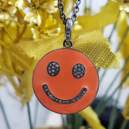 Natural Pave Diamond Emoji Pendant With Orange Enamel, Silver Jewelry, Birthday Gift