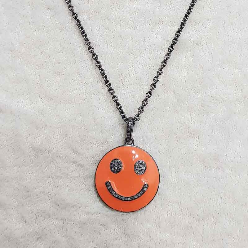 Natural Pave Diamond Emoji Pendant With Orange Enamel, Silver Jewelry, Birthday Gift