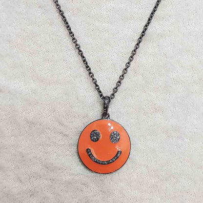 Natural Pave Diamond Emoji Pendant With Orange Enamel, Silver Jewelry, Birthday Gift