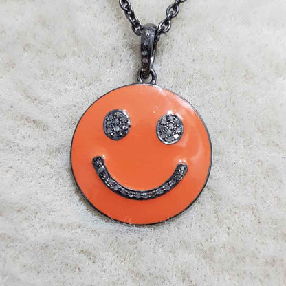 Natural Pave Diamond Emoji Pendant With Orange Enamel, Silver Jewelry, Birthday Gift