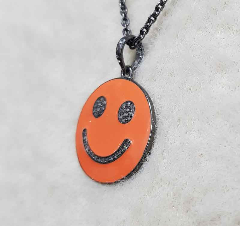 Natural Pave Diamond Emoji Pendant With Orange Enamel, Silver Jewelry, Birthday Gift