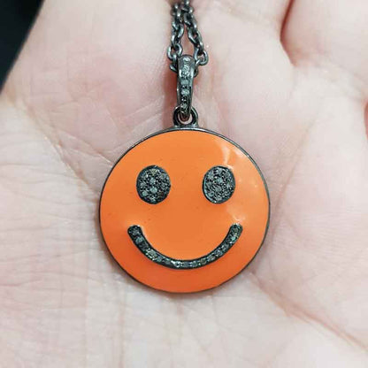 Natural Pave Diamond Emoji Pendant With Orange Enamel, Silver Jewelry, Birthday Gift