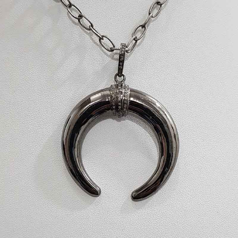 Pave Diamond Moon  Pendant, Half Moon Necklace Pendant, Silver Jewelry