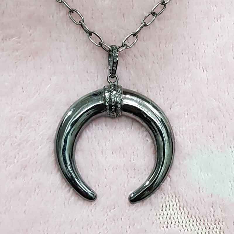 Pave Diamond Moon  Pendant, Half Moon Necklace Pendant, Silver Jewelry