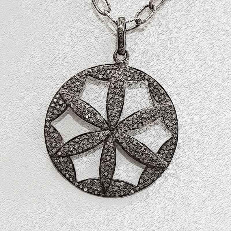 Flower Style Round Designer pave Diamond Silver pendant, Statement Jewelry