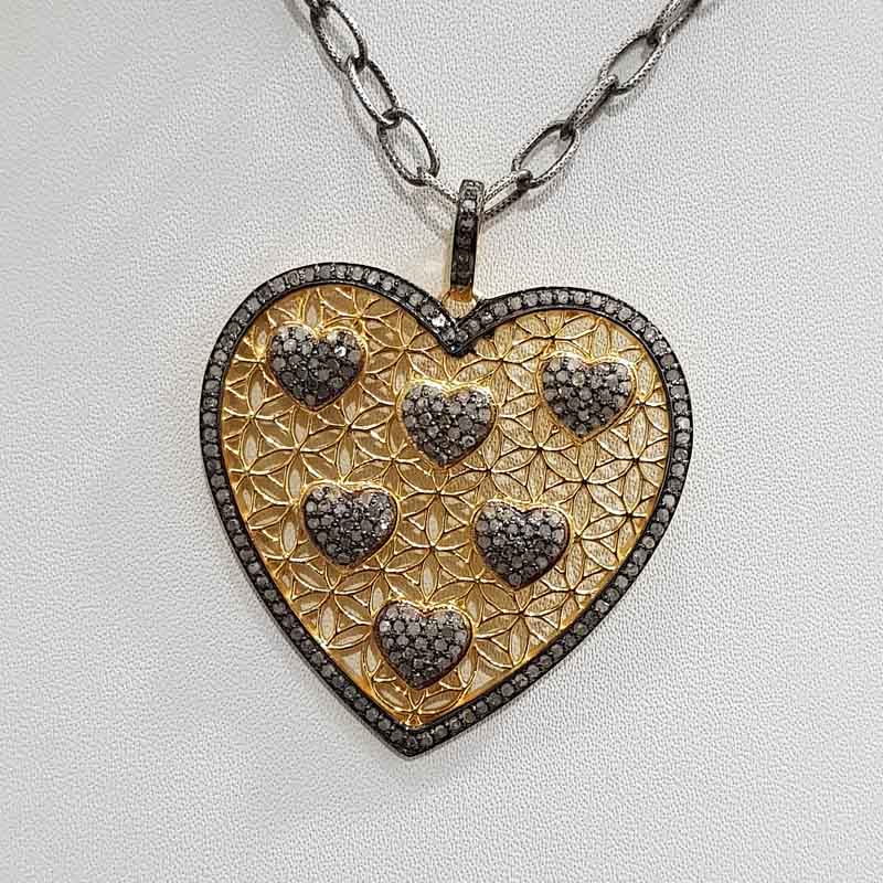 Handmade Designer Yellow And Black Pave Diamond Heart Pendant, 925 Sterling Silver Jewelry