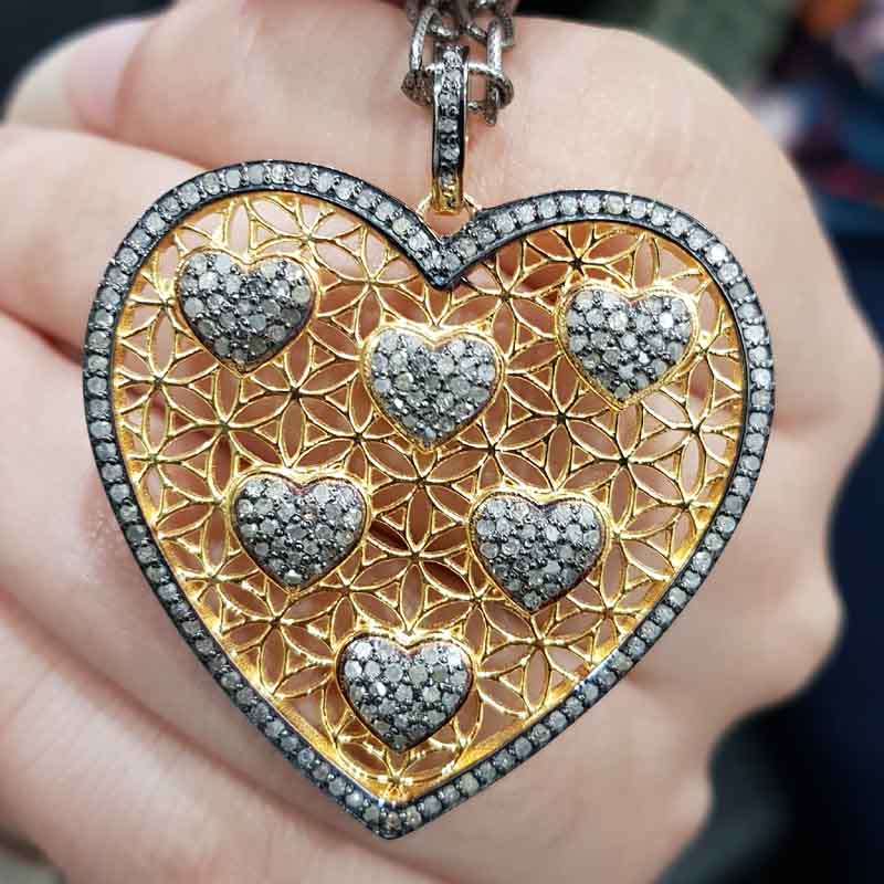 Handmade Designer Yellow And Black Pave Diamond Heart Pendant, 925 Sterling Silver Jewelry