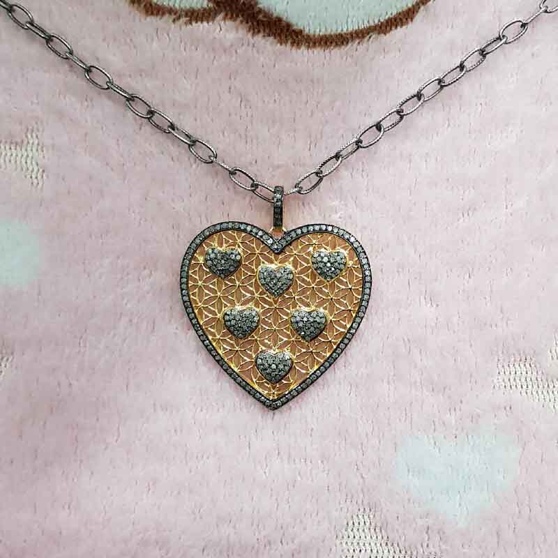 Handmade Designer Yellow And Black Pave Diamond Heart Pendant, 925 Sterling Silver Jewelry