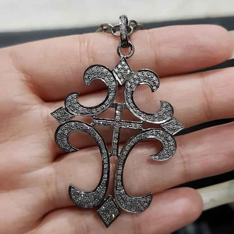 925 Solid Sterling Silver Handmade Pave Diamond Fancy Cross Pendant, Natural Designer Pendant, Christmas Gift