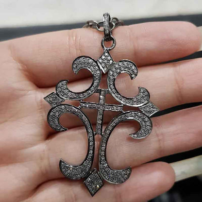 925 Solid Sterling Silver Handmade Pave Diamond Fancy Cross Pendant, Natural Designer Pendant, Christmas Gift