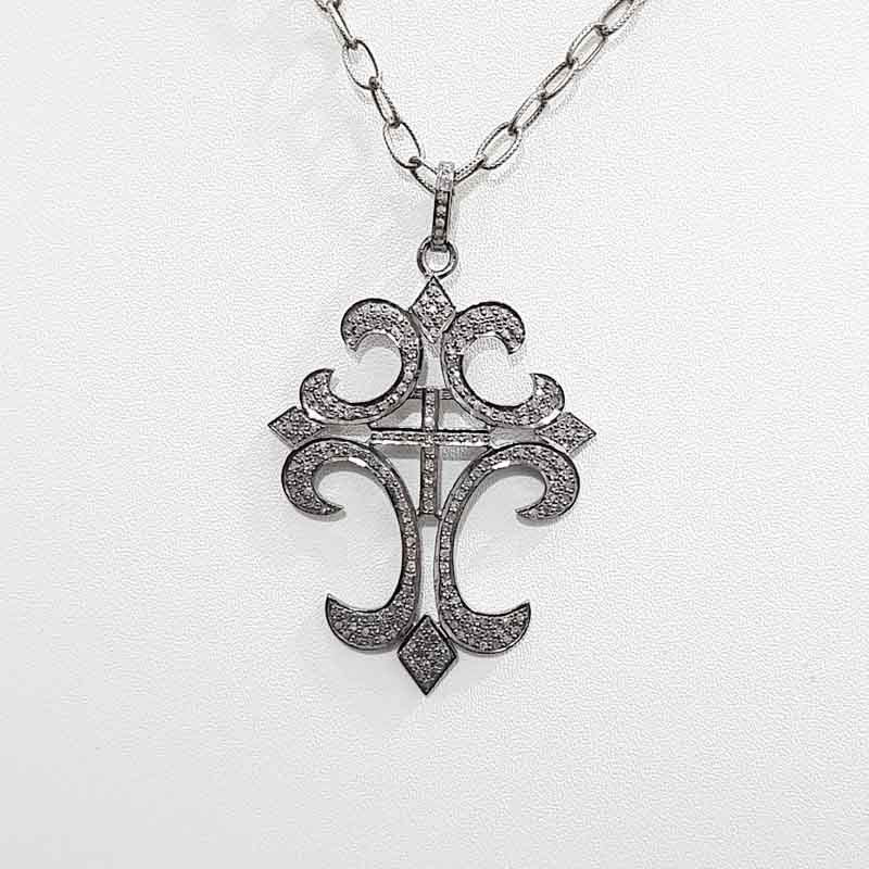 925 Solid Sterling Silver Handmade Pave Diamond Fancy Cross Pendant, Natural Designer Pendant, Christmas Gift