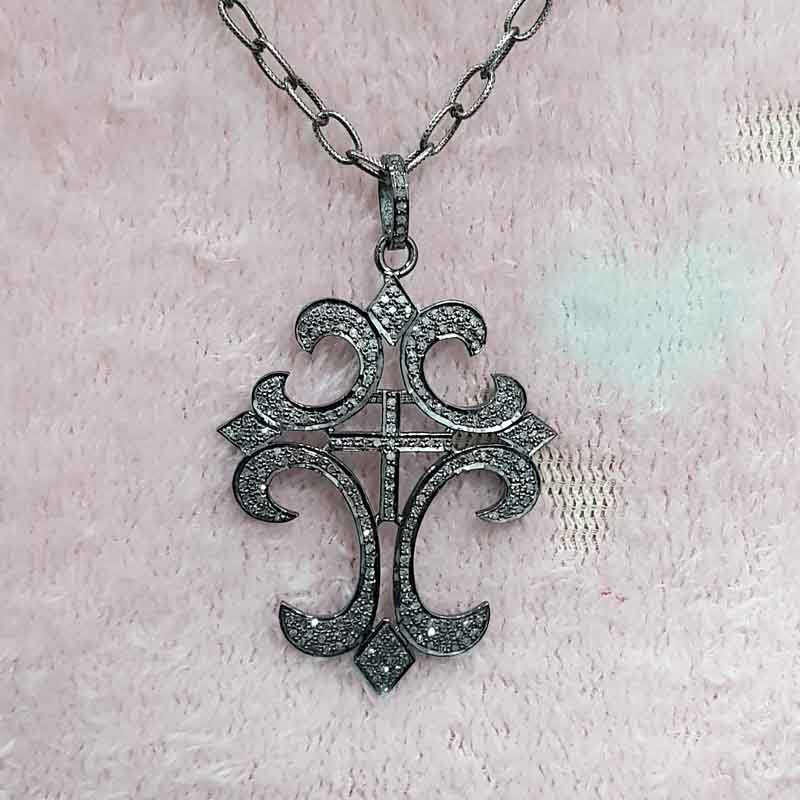 925 Solid Sterling Silver Handmade Pave Diamond Fancy Cross Pendant, Natural Designer Pendant, Christmas Gift