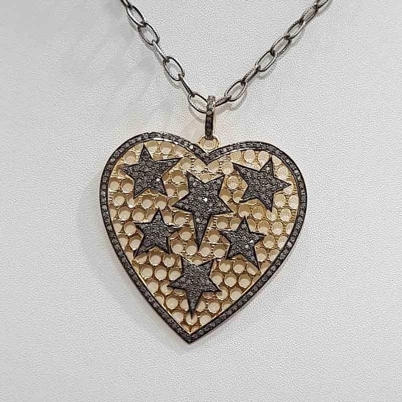 Yellow & Black Small Star on Heart Pendant With Pave Diamond, Attractive Heart Pendant, Gift For Lover