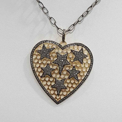 Yellow & Black Small Star on Heart Pendant With Pave Diamond, Attractive Heart Pendant, Gift For Lover