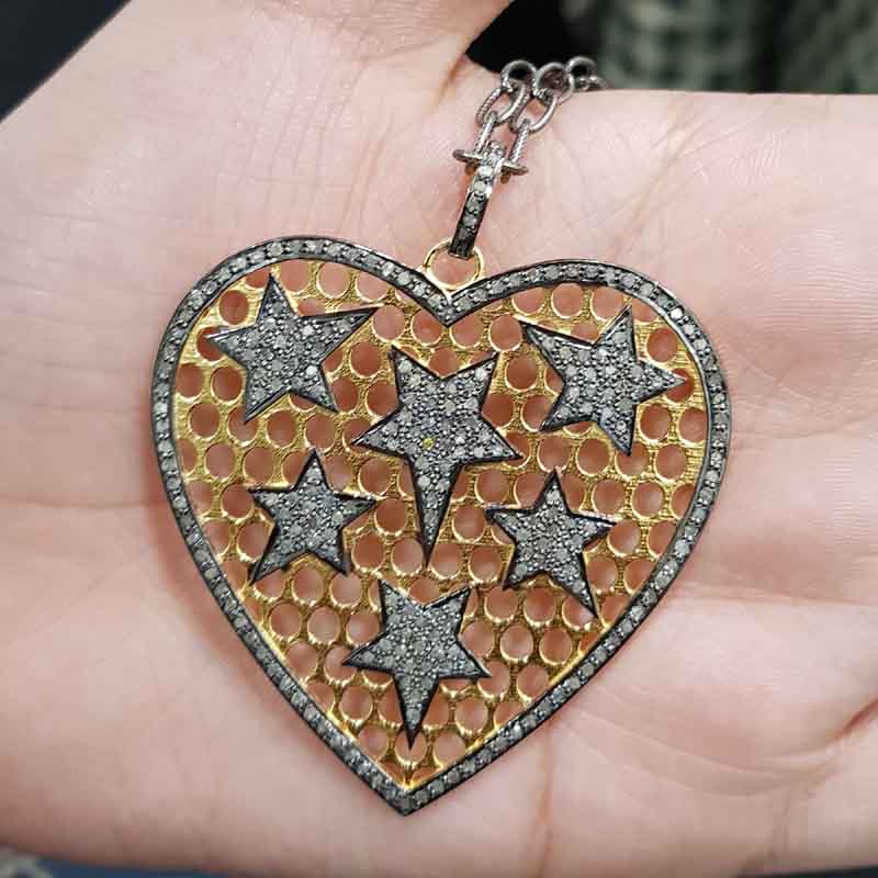 Yellow & Black Small Star on Heart Pendant With Pave Diamond, Attractive Heart Pendant, Gift For Lover