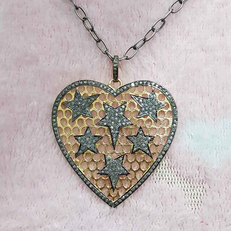 Yellow & Black Small Star on Heart Pendant With Pave Diamond, Attractive Heart Pendant, Gift For Lover