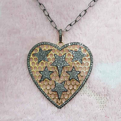 Yellow & Black Small Star on Heart Pendant With Pave Diamond, Attractive Heart Pendant, Gift For Lover