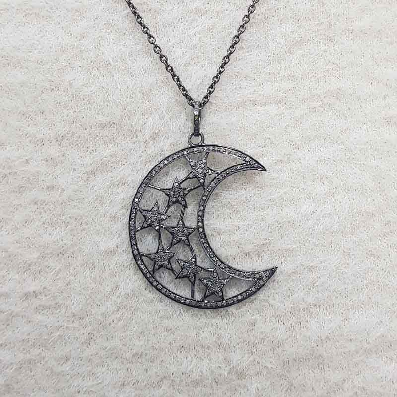 925 Sterling Silver Pave Diamond Moon Star Pendant, Half Moon Necklace, Gift For Someone