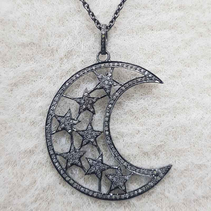 925 Sterling Silver Pave Diamond Moon Star Pendant, Half Moon Necklace, Gift For Someone