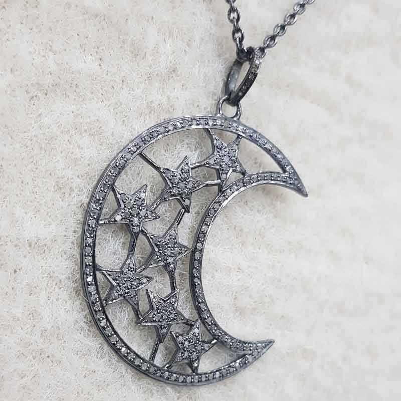 925 Sterling Silver Pave Diamond Moon Star Pendant, Half Moon Necklace, Gift For Someone