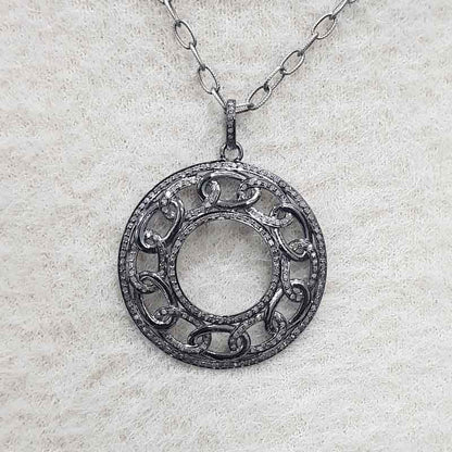 Chain Style Fancy Designer Pave Diamond Silver Pendant, Round Fancy Necklace, Gift For Someone