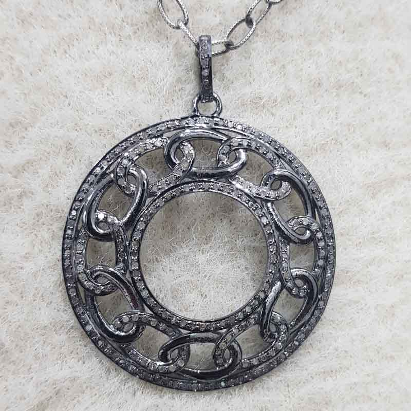 Chain Style Fancy Designer Pave Diamond Silver Pendant, Round Fancy Necklace, Gift For Someone