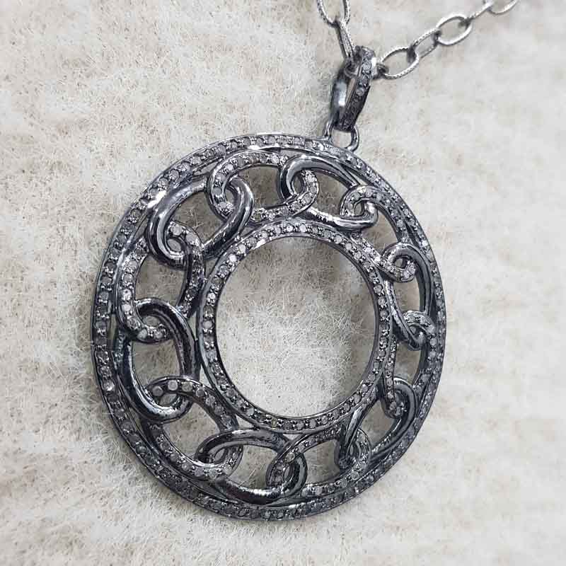 Chain Style Fancy Designer Pave Diamond Silver Pendant, Round Fancy Necklace, Gift For Someone