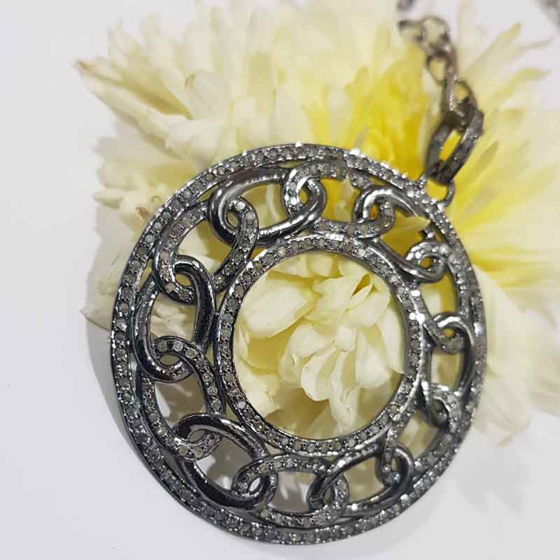 Chain Style Fancy Designer Pave Diamond Silver Pendant, Round Fancy Necklace, Gift For Someone