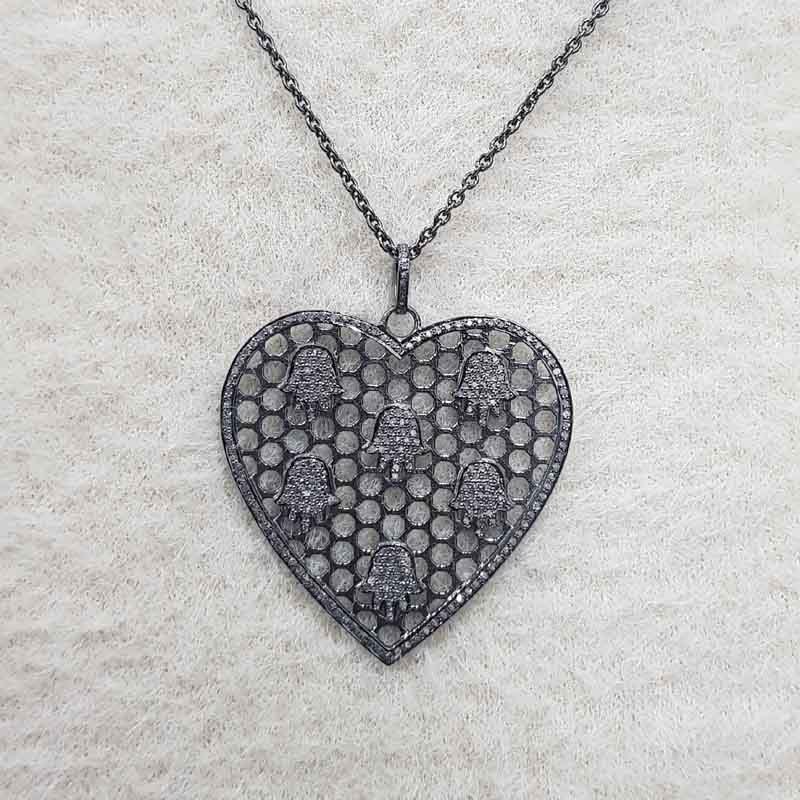 Glorious Heart With Little Pave Hamsa hand Pendant, 925 Sterling Silver Pendant, Gift For Lovers