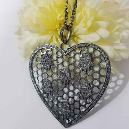 Glorious Heart With Little Pave Hamsa hand Pendant, 925 Sterling Silver Pendant, Gift For Lovers