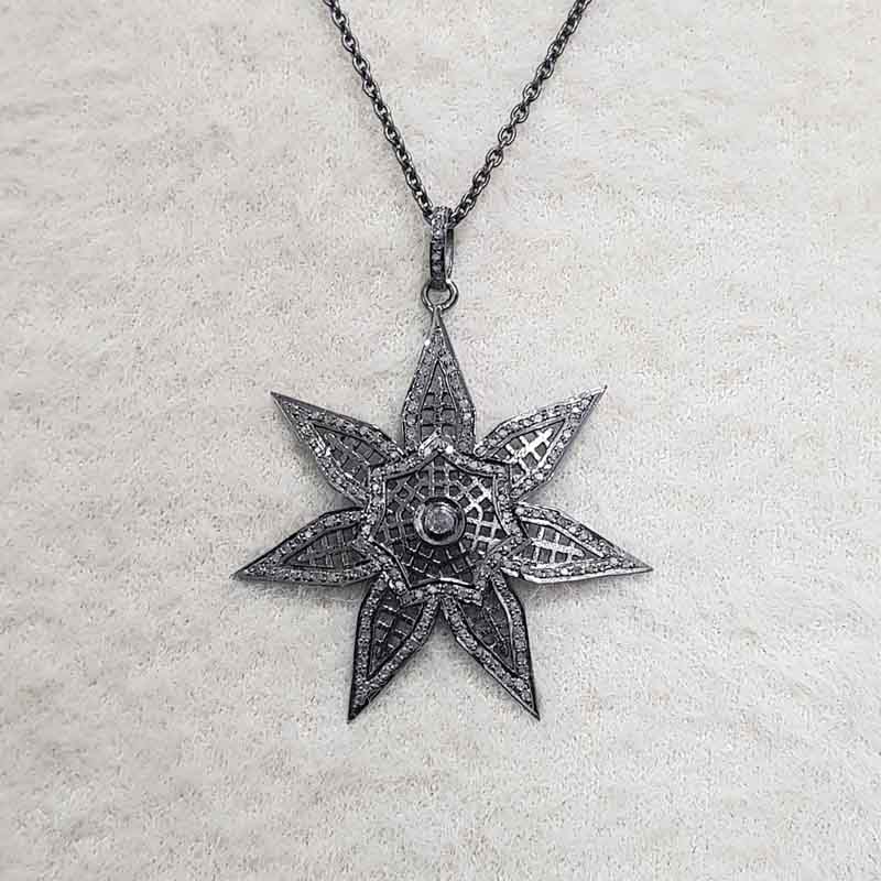 Flower Style Pave Diamond 925 Sterling Silver Pendant, Black Stunning Flower Pendant, Silver Jewelry