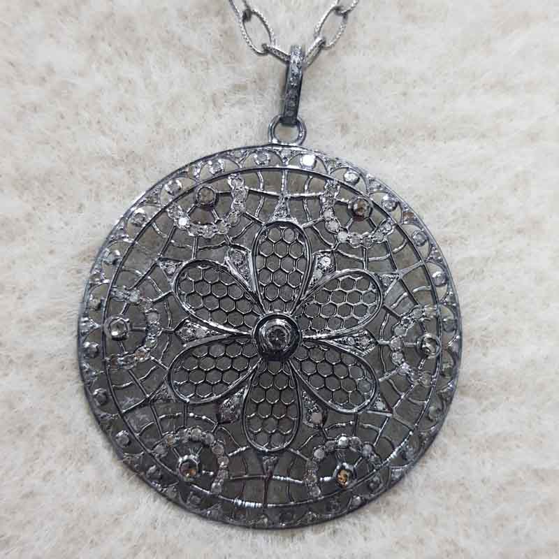 Handmade Designer Pave Diamond Flower Style Round Pendant, beautiful Flower Necklace, Silver Jewelry