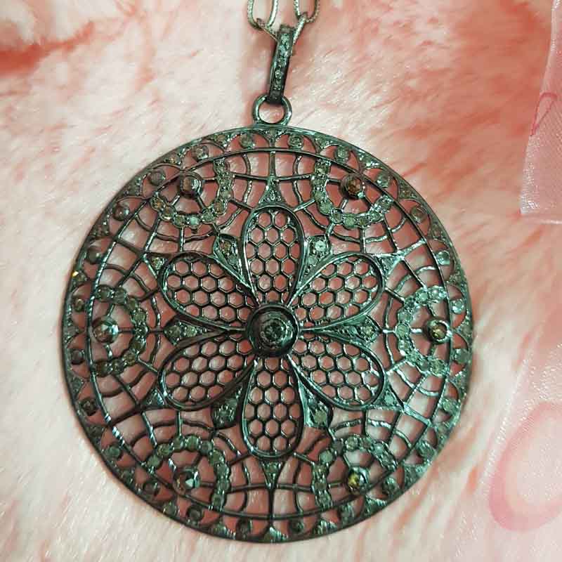 Handmade Designer Pave Diamond Flower Style Round Pendant, beautiful Flower Necklace, Silver Jewelry